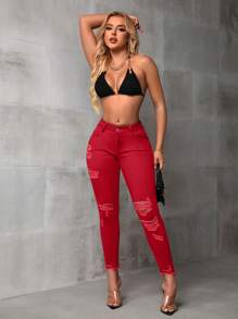 SHEIN ICON Solid Color Skinny Fit Distressed Raw Hem Jeans - Red - View 5