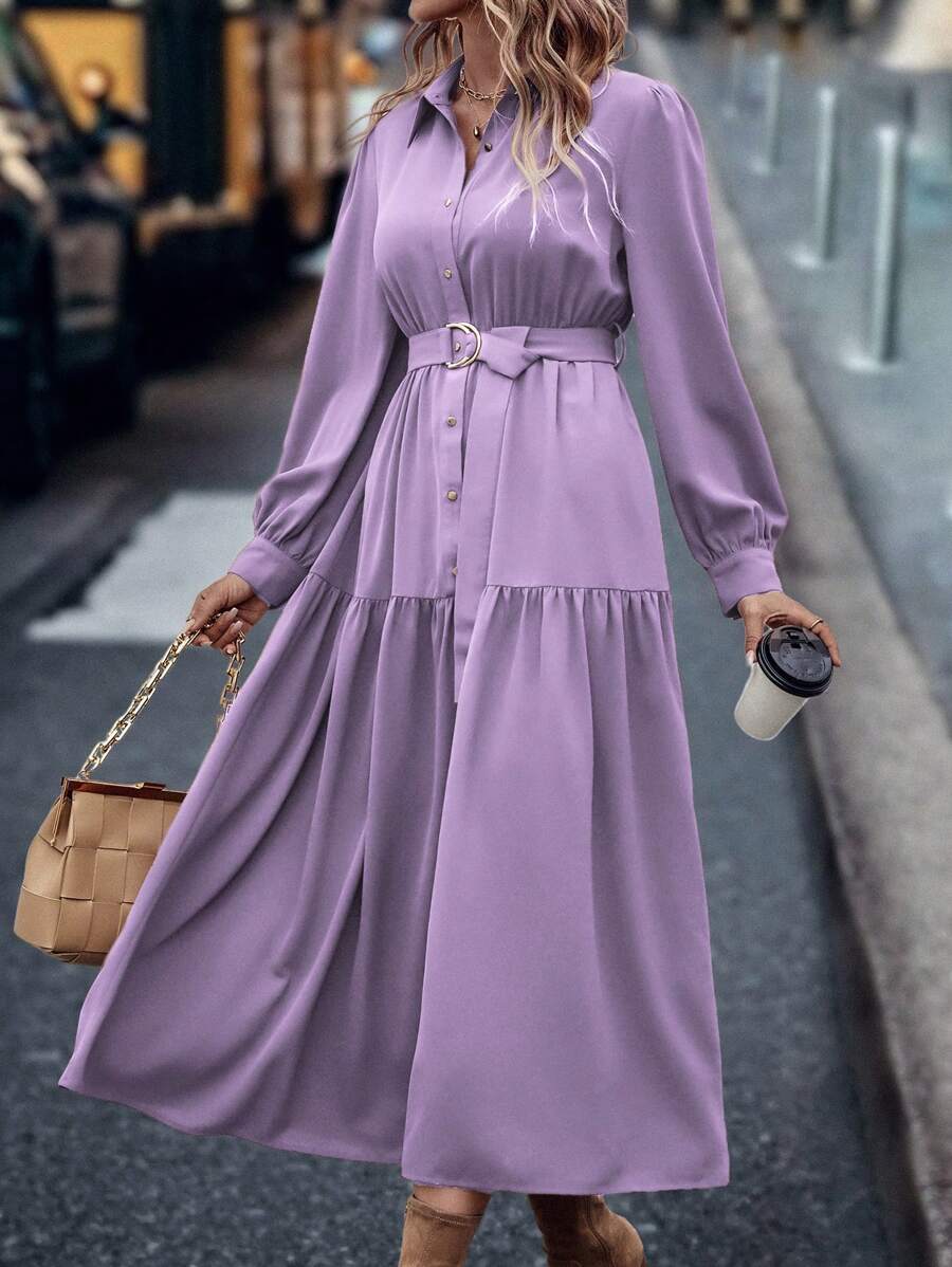 SHEIN LUNE 純色燈籠袖扣前襯衫連衣裙 - 紫色 - 查看 1