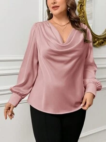 SHEIN Privé Pullover Langarm-shirt In Übergröße Mit Satin Drapierung Am Kragen