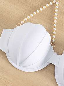 Swim SXY 2026 Spring/Summer White Pearl Chain Spaghetti Strap Halter Seashell Hard Cup Cleavage Enhancing Silver Clasp Back Sweet Women Bikini Top