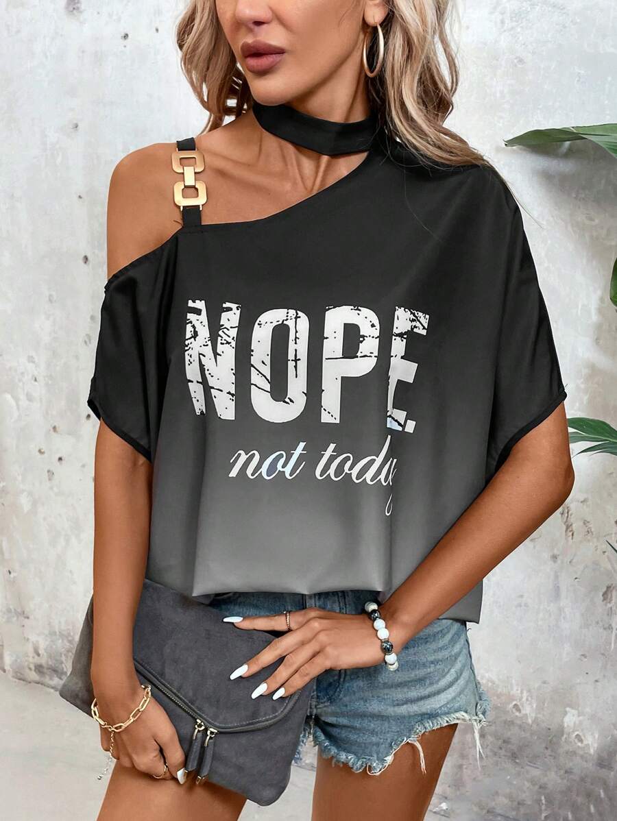 SHEIN LUNE 字母圖案漸變不對稱領口鄉村音樂節襯衫 - 黑色 - 查看 1