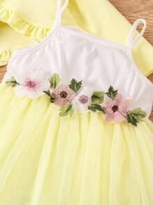SHEIN Vestido con tirantes de espagueti y chaqueta con volantes con bordado de flores de malla de contraste para niña joven - Amarillo - Ver 4
