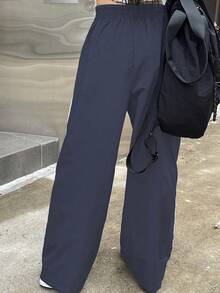 DAZY SHEIN X AYA NAKAMACHI Women's Colorblock Elastic Waist Wide Leg Pants With Rolled Hem - Dusty Blue - View 2