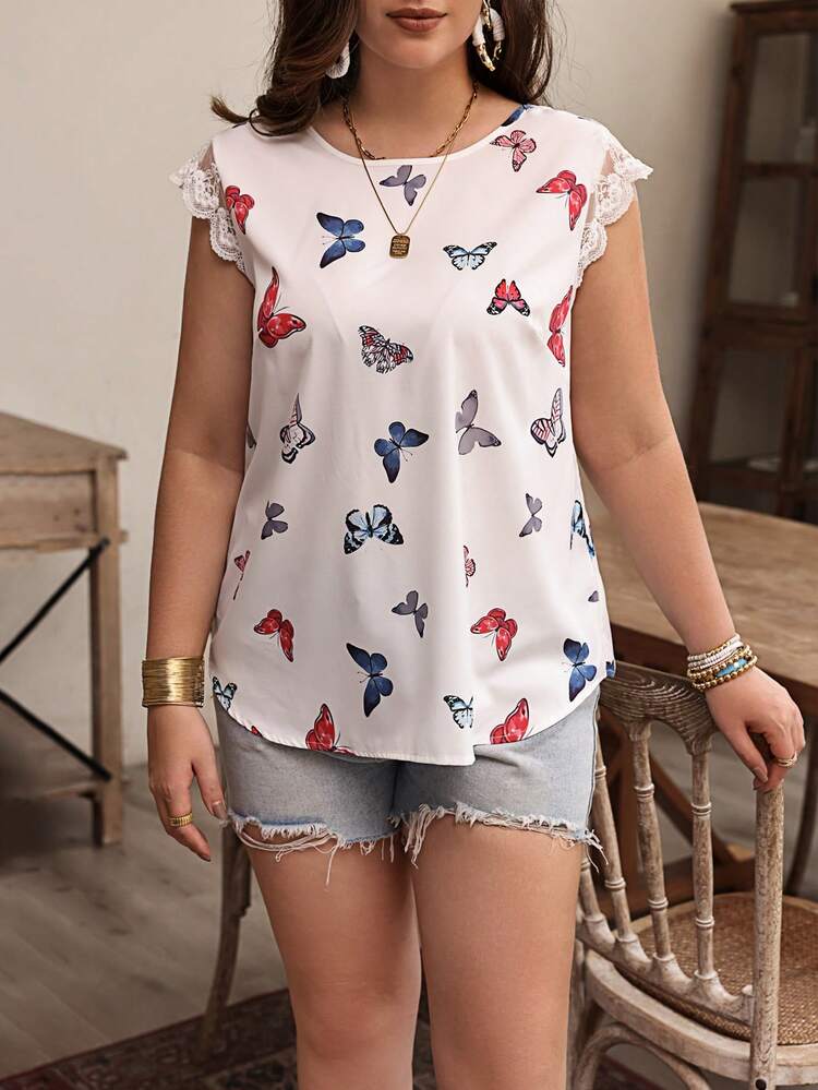 Plus Size Butterfly Print Round Neck Lace Splice Shirt