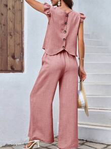 SHEIN LUNE Bộ đồ hai mảnh áo tay lửng cổ tròn màu trơn và quần dài cho nữ - Hồng - Xem 7