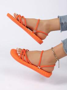 Dép xăng đan đế bằng cho nữ, dép xăng đan thoải mái, quai chéo chống trượt, màu trơn, hở mũi, dép xăng đan thường ngày đi biển, phù hợp với trang phục mùa xuân hè. - trái cam - Xem 3