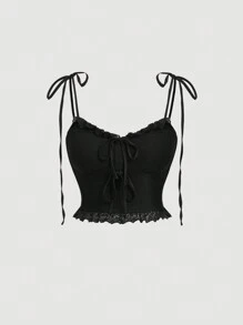 SHEIN MOD Plus Size Black Shoulder Strap Tank Top With Lace & Fish-Tail Hem, Side Slit Skirt, Suitable For Summer - Black - View 8