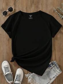 INAWLY Plus Size Solid Color Round Neck Short Sleeve Casual T-Shirt - Black - View 1
