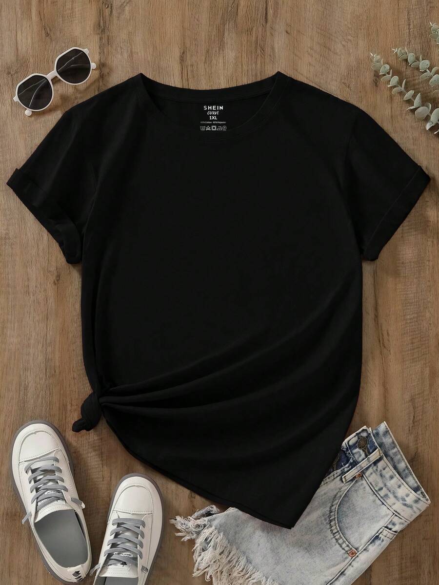 INAWLY Plus Size Solid Color Round Neck Short Sleeve Casual T-Shirt - Black - View 1