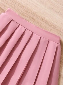 SHEIN Conjunto para niña preadolescente de dos piezas con camisa impresa con patrones de letras y números y falda plisada de unicolor - Rosa vieja - Ver 4