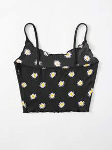 SHEIN WYWH Top De Tirantes Con Estampado De Margaritas Y Ribete De Lechuga Para Mujeres - Negro - Ver 2