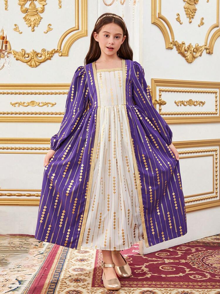 Tween Girl Square Neckline Puff Sleeve Long Dress With Jacquard Trim, Foil Geometric Patterns And Color Blocking Details