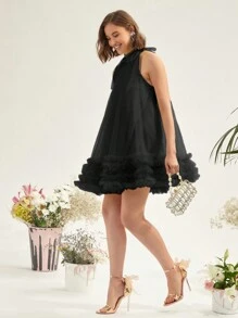 Enchnt 女裝多層網紗荷葉領連身裙 - 黑色 - 查看 3