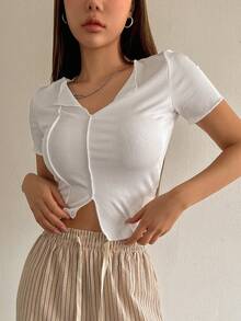 DAZY Của phụ nữ Ngắn tay Bọc Cổ chữ V Áo thun Với Viền chia cắt - trắng - Xem 6