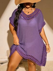 Swim Vcay Summer Beach Plus Size Crochet Patchwork Batwing Sleeve Cover Up Dress, Short Sleeve Cruise Outfit Beach Outfit Vacay Vibe - Purple - View 1