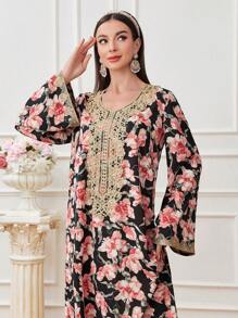 Al Najma Patchwork Floral Print Embroidery Detail Round Neck Dress Kaftan Jalabiya Dress - Black - View 6
