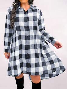 Calvaya Kích thước lớn Bản in Gingham Cổ áo có khía Đầm - Nhiều màu - Xem 4