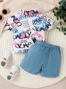 Lässiges, Cooles Kurzarmhemd Für Den Sommer Für Babys Mit Buchstabendruck Und Shorts - Pink - Übersicht 2