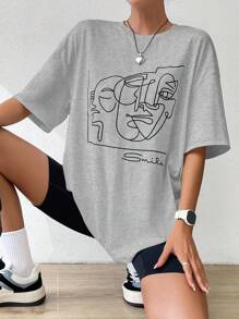 SHEIN EZwear 夏季白色y2k抽象人物圖形下垂肩t恤圖形衫 - 灰色 - 查看 7