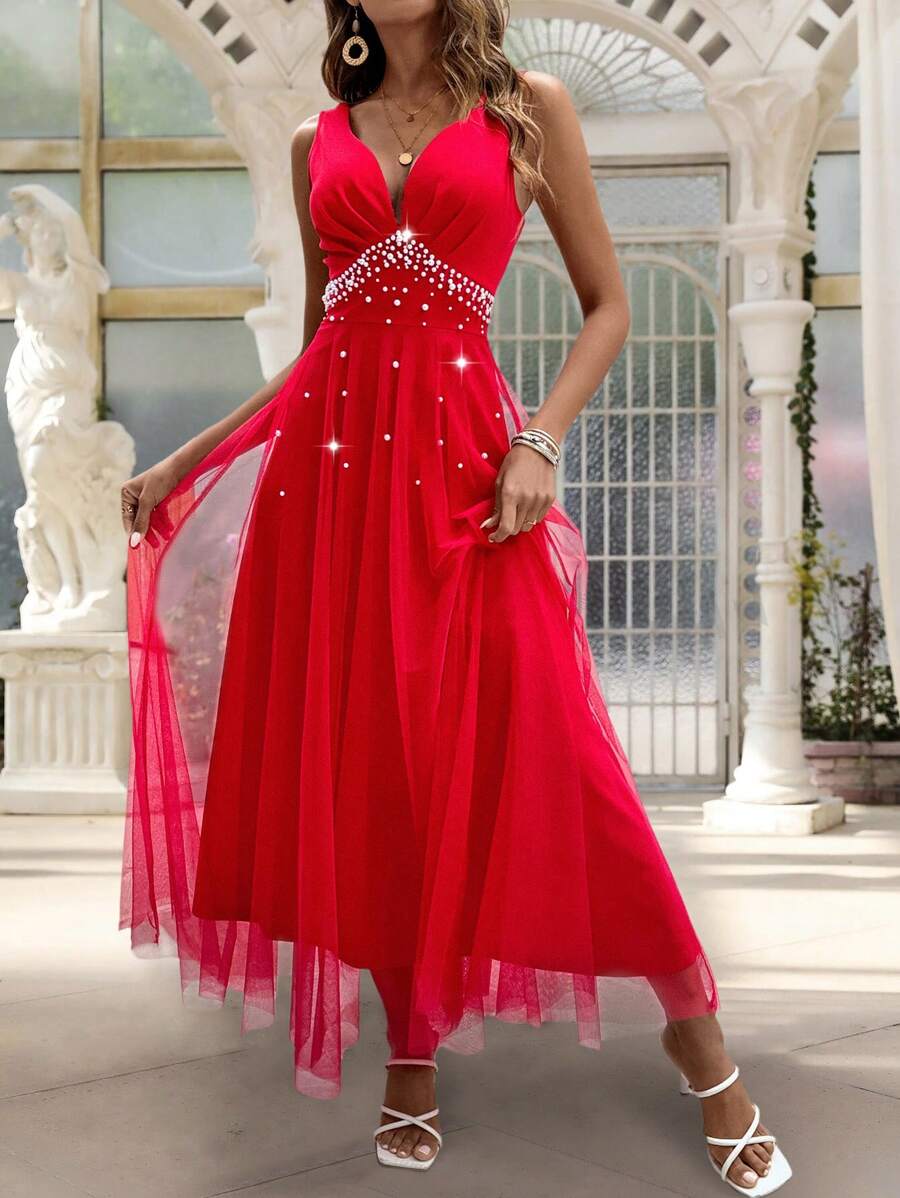 SHEIN Belle Beaded Mesh Contrast Dress For New Year Clothes Maxi Women Outfit - Red - View 1