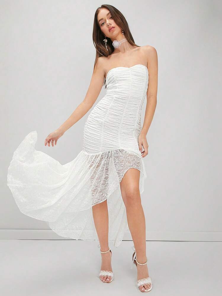 Ladies' Romantic Solid Color Lace Bodycon Strapless Dress