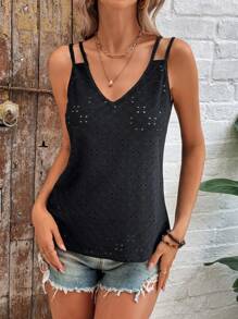 SHEIN LUNE Summer Lady's Double Shoulder Strap Camisole Top - Black - View 4