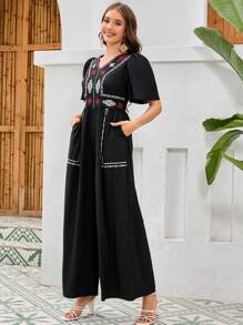 Seusyu 女士幾何圖案v領泡泡袖連身褲,帶口袋和側邊條紋 - 黑色 - 查看 5