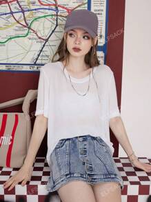 ELFSACK Knit T-Shirt Loose Suncare Tops Woman 2023 Summer Soild Colour Daily Tops