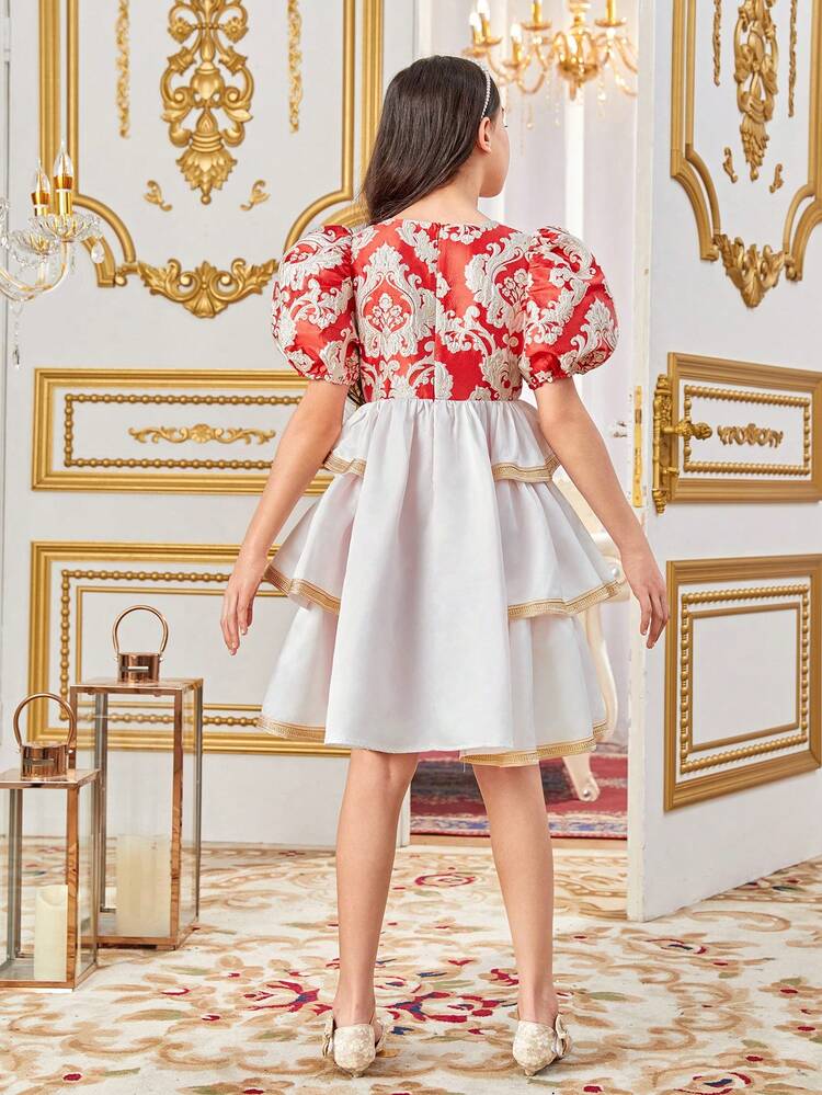 Tween Girl Casual Round Neck Bubble Sleeve Patchwork A-Line Dress