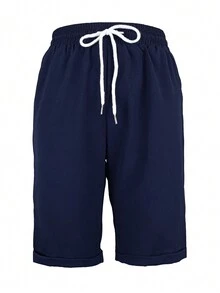 Solid Color Slant Pocket Drawstring Waist Casual 3/4 Shorts - Navy Blue - View 3