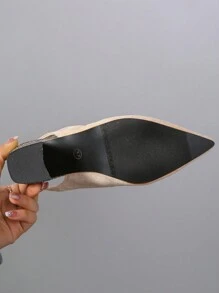 Zapatos sin respaldo de punta afilada con tacón grueso y tacón alto de bloqueo de color para mujer, para primavera/verano/otoño - Beis - Ver 3