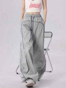 Drawstring Waist Wide Leg Trousers - Grey - View 5