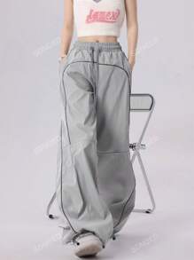 Women's Drawstring Waist Pocket Patchwork Casual Sports Pants
