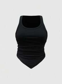 SHEIN ChicEase Solid Color Ribbed Pleated Slim Fit Tank Top With Round Neck - Multicolor - View 4