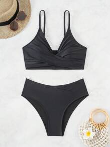 SHEIN Swim Set de bikini unicolor, playa de verano - Negro - Ver 8