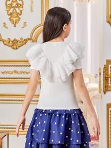 Double Layer Asymmetrical Ruffle Trim Round Neck Short Sleeve T-Shirt For Tween Girls - White - View 2