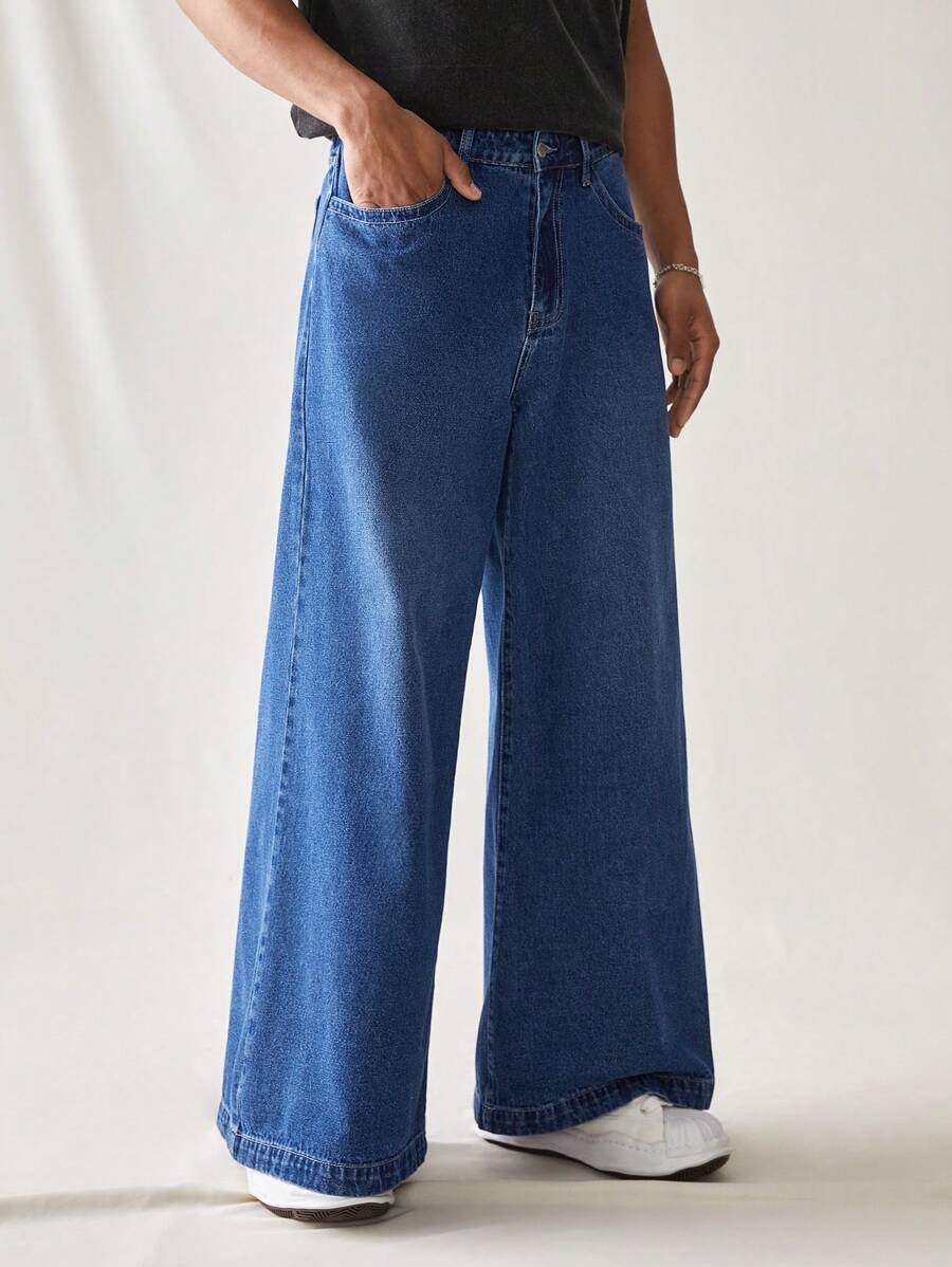 Manfinity Hypemode Jeans vaqueros de pierna ancha personalizados para hombres, azul desgastado retro - Azul - Ver 1