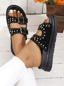 2025 年春季新款大码女鞋，欧美风格厚底沙滩凉鞋 - 黑色 - 查看 7