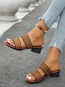 女性加大碼棕色高跟涼鞋,夏季休閒時尚編織涼鞋,舒適粗跟性感沙灘拖鞋 - 棕色 - 查看 3