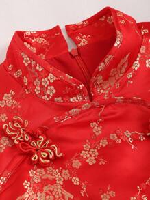 SHEIN Unity Vestido Qipao Impreso Con Flores Diminutas En unicolor Dorado Y Hebilla Integrada - Rojo - Ver 3