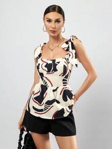 Aveloria 女性幾何圖案印花背心上衣,蝴蝶結裝飾