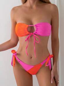 SHEIN Swim 女士比基尼套装拼接吊带比基尼套装分体比基尼套装夏季沙滩装 - 彩色 - 查看 3