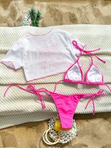 Swim Mod Vacation Good Life Printed 3-Piece Swimwear Set, String Bikini Set Outfit Beach Bikini Set Bathing Suit Summer,Summer Beach - Hot Pink - View 2