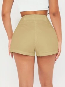 SHEIN PETITE Women's Solid Color Shorts With Pockets - Khaki - View 2