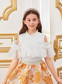 SHEIN Conjunto De Blusa Con Volantes Sin Hombros A Juego Y Falda De Jacquard Floral Para Niñas Adolescentes