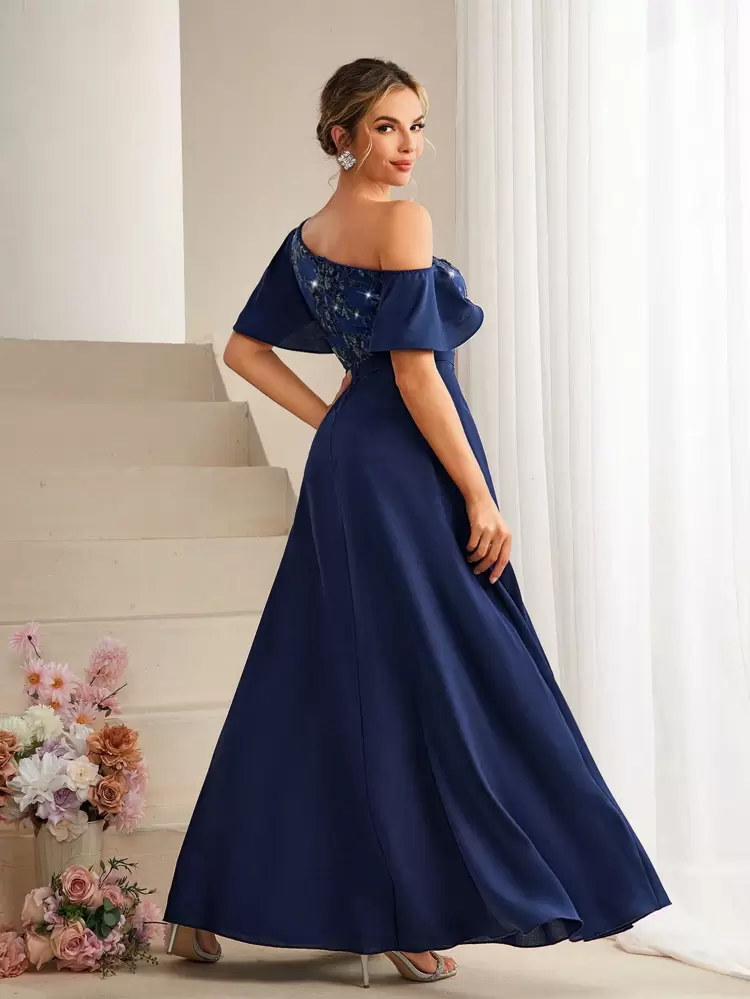 Asymmetrical Neck Sequin Decor Ruffle Sleeve Stylish Dress Formal Ball Gown For Women