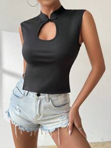 SHEIN LUNE Ladies' Solid Color T-Shirt With Hollow Out Details, Side High Slit And Buckle Decor