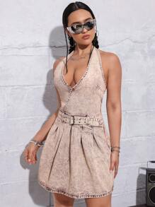 SHEIN ICON Sexy Street Style Denim Halter Mini Dress With Backless Design And Waist Belt For Women - Red - View 5