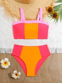 Conjunto de bikini de bloques de color para niña preadolescente, verano playa - Multicolor - Ver 1