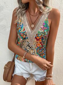 Breezaya 拼接蕾丝边图案印花无袖吊带背心上衣 图案 T 恤 女式上衣 - 彩色 - 查看 5